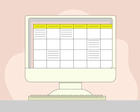Computer monitor with a table on the screen. Working table. Vector illustrationのイラスト素材