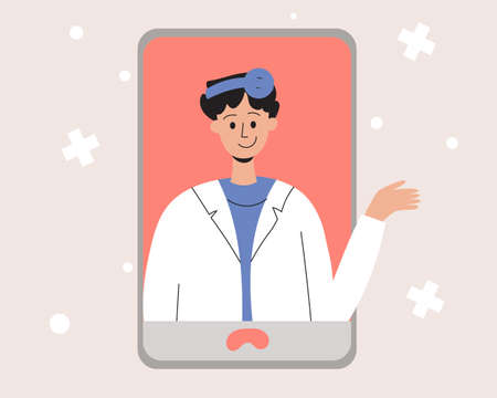 The doctor consults online via phone. Online consultation, remote communication, help. Vector illustrationのイラスト素材