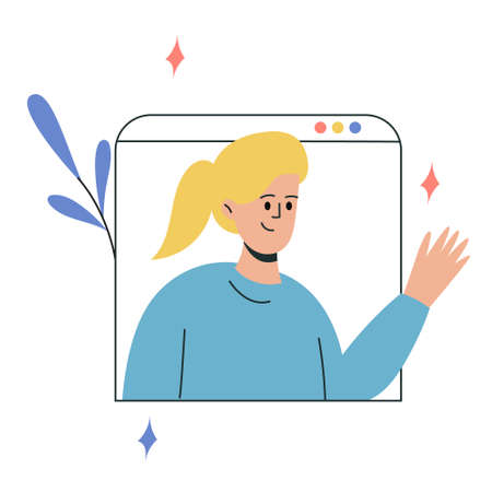 A woman waves her hand from the tablet screen. Online communication, video communication. Vector...