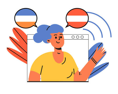 School of Foreign Languages. Foreign language teacher online. A female tutor waves her hand through a tablet. Distance learning. Vector illustrationのイラスト素材