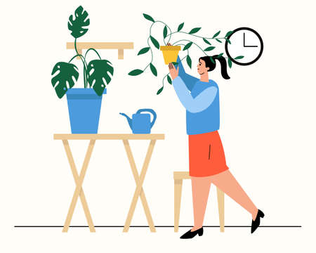 A girl holds a plant in a pot. A home plant, a hobby. A woman puts a plant on a shelf. Vector illustrationのイラスト素材