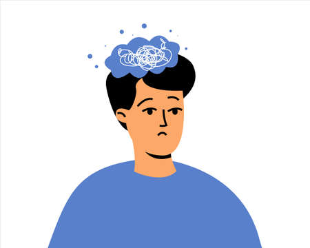 The man has a psychological disorder, mental health problems. The man is upset, confused in confusionのイラスト素材