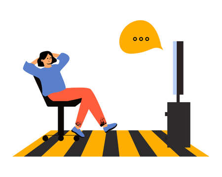 A woman is watching TV. A young girl is sitting on a chair in front of the TVのイラスト素材