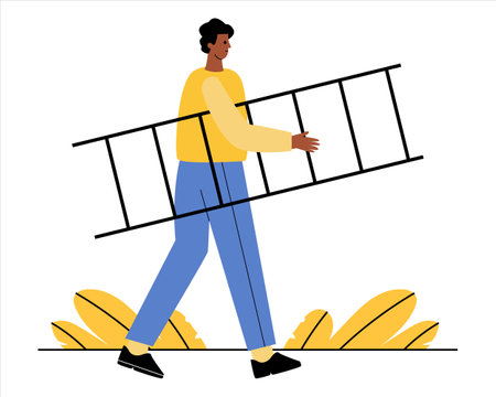 A man holds a ladder in his hands. Men go to their goals. A man walks with a ladderのイラスト素材