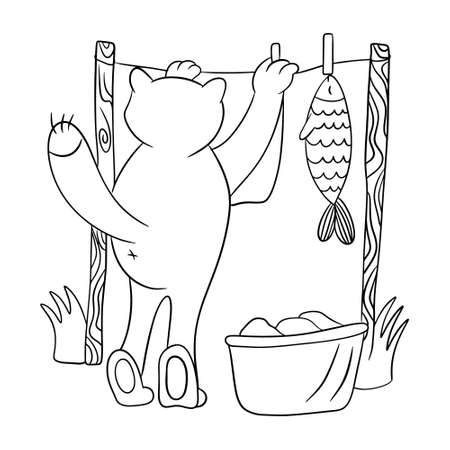 Cute cartoon cat drawn with a black outline. The cat hangs up the laundry to dry. Childrens coloring bookのイラスト素材