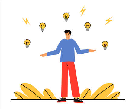 A man is happy with new ideas. Variety of ideas. Ideas fall on your headのイラスト素材