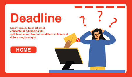 Deadline landing page of the site. A surprised, shocked woman looks at the computer. Urgent working letterのイラスト素材
