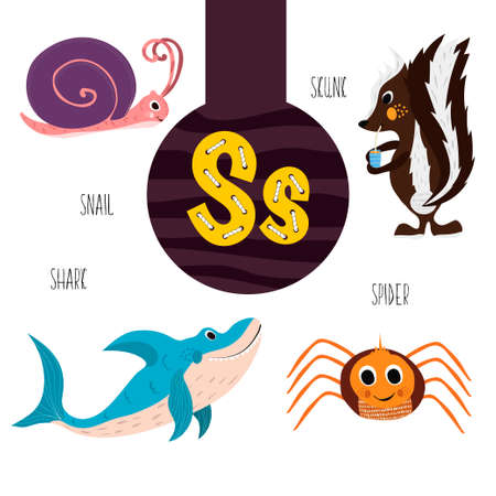 Fun animal letters of the alphabet for the development and learning of preschool children. Set of cute forest, domestic and marine animals with the letter s. Vector illustrationのイラスト素材