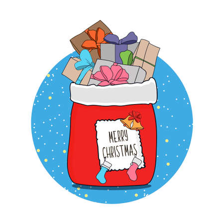 Cute cartoon illustration on the theme of merry Christmas and happy new year with gifts and surprises in the bag of Santa Claus.のイラスト素材