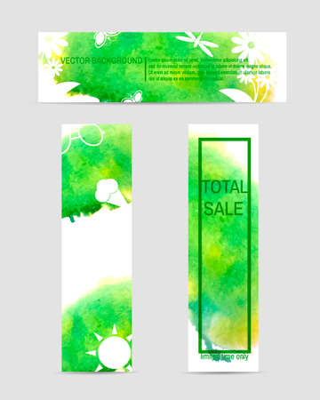 Set of colorful web elements. 3 summer eco watercolor banner. Vectorのイラスト素材