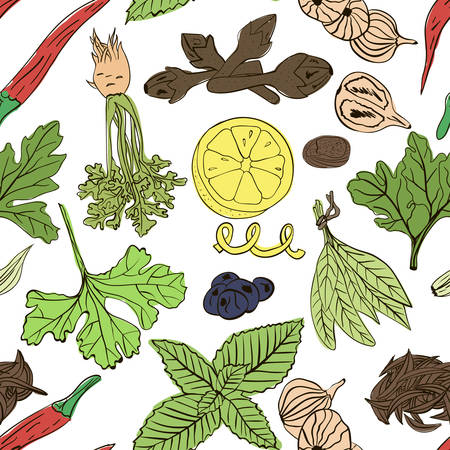 Hand drawn vector seamless pattern of spices on white backgroundのイラスト素材