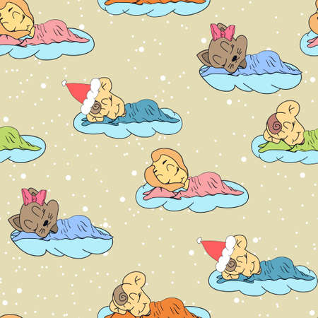 A cartoon illustration of seamless pattern hand drawing of a sleeping babies. Suitable for interior design baby room or bed linen.のイラスト素材