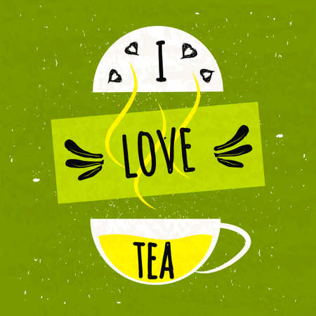 Juicy colorful typographical poster with a fragrant hot Cup of tea. I love tea.のイラスト素材