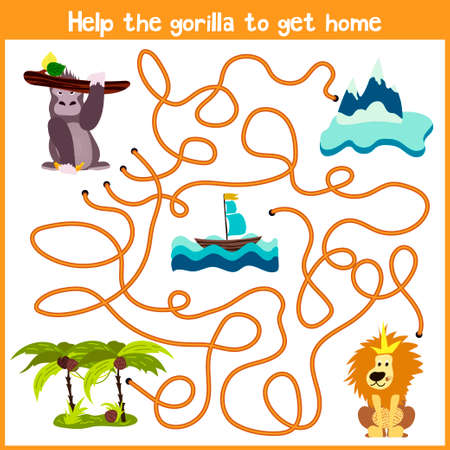 Cartoon of Education will continue the logical way home of colourful animals.Help me get the gorilla home in  jungle on the right path. Matching Game for Preschool Children. Vector illustrationのイラスト素材