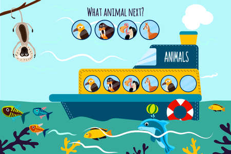 Cartoon Vector Illustration of Education will continue the logical series of colourful animals on a ship in the ocean among sea fishes. Matching Game for Preschool Children. Vector illustrationのイラスト素材