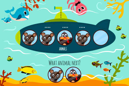 Cartoon Vector Illustration of Education will continue the logical series of colourful animals on submarine in the ocean. Matching Game for Preschool Children. Vector illustrationのイラスト素材