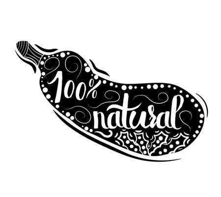 Creative typographic poster or a stamp on the black silhouette of vegetarian eggplant isolated on white background for online stores selling natural products. Vector illustrationのイラスト素材