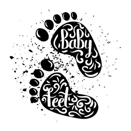 Vintage cartoon print baby traces from the legs and hand lettering isolated on white background. Vector illustrationのイラスト素材