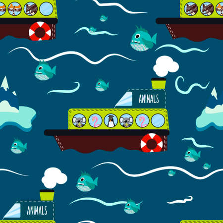 Cute seamless animal texture on the ship design. Cartoon style. Vector illustrationのイラスト素材