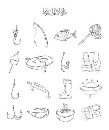 Professional collection of icons and elements. Fishing set of hand drawn elements,  doodles isolated on white background. Vector illustrationのイラスト素材