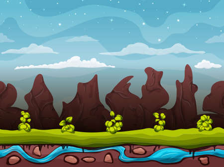 Seamless cartoon nature landscape, unending background with ground, bushes on the background of mountains and rocks with cloudy sky layersのイラスト素材