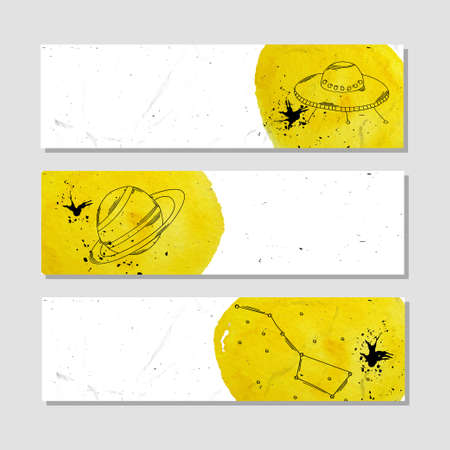 Isolated advertising banner in paper style with colorful watercolor stains. Astronomical phenomena and natural objects, planets, constellations and space ships . Vector illustrationのイラスト素材