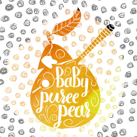 Hand-lettered  colorful orange poster advertising baby food with pear. Vector illustrationのイラスト素材