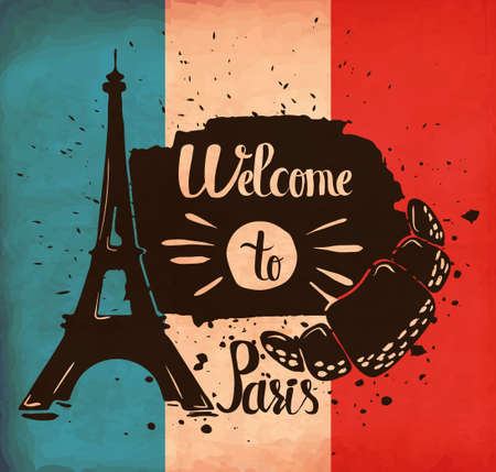 Hand lettering is a poster on the theme of travel and adventure abroad. France and attractions of Paris. Vector illustrationのイラスト素材