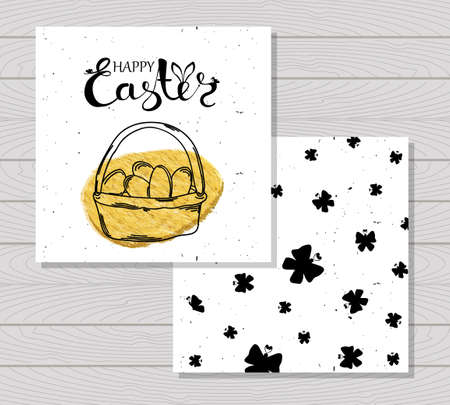 Colorful printable cards for celebrating Easter. Easter basket with eggs Vector.のイラスト素材