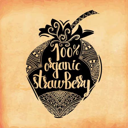 Colorful vintage print of the ornament in the silhouette of vegetarian berries. Sweet 100 percent organic strawberry . Vector illustrationのイラスト素材