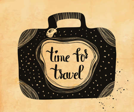 Poster about travel and adventure in retro style on old paper. Time for travel. Vector illustrationのイラスト素材
