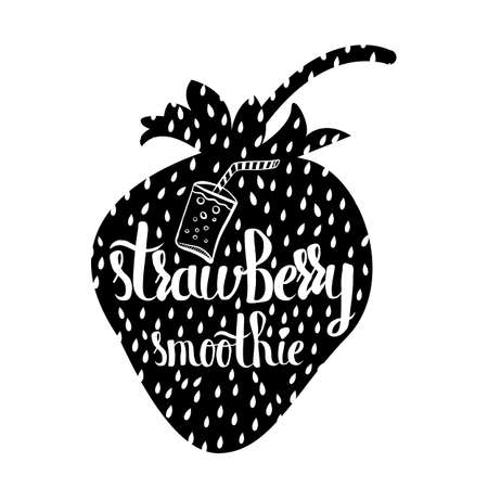 Creative typographic poster with the lettering on the black silhouette of berries with handmade ornaments isolated on a white background. Refreshing strawberry smoothie. Vector illustrationのイラスト素材