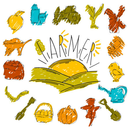 Colourful childrens illustration with a pencil. The collection of linear hand drawn icons. Icons the tools of the farmer. Agriculture. Vector illustrationのイラスト素材