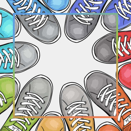 Colorful poster with athletic shoes with place for text black-and-white filter. Advertising sports shoes. Vector illustrationのイラスト素材