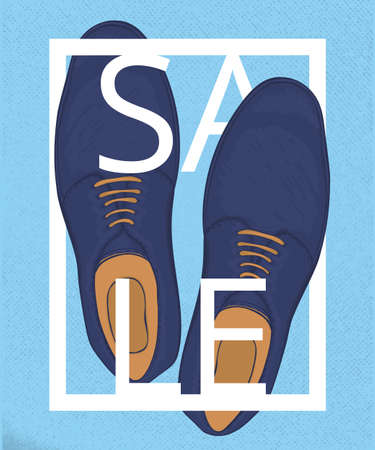 A poster on aged paper. Discounts on mens blue shoes. Advertising business shoes. Vector illustrationのイラスト素材