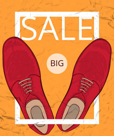 A poster on aged paper. Great discounts on men's shoes. Shoes. Vector illustrationのイラスト素材