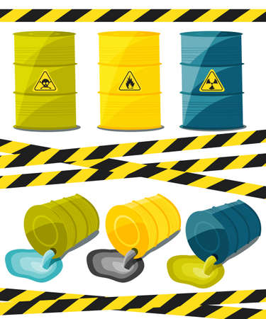 Containers with explosive and reactive substances, waste of chemical industry. Flow of dangerous toxic chemicals. Oil. Vector illustrationのイラスト素材