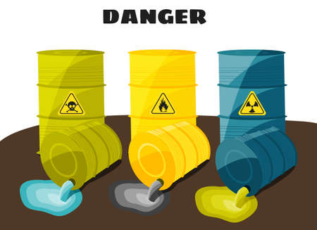 Waste products flow from the barrels with the sign of dangerous. Vector illustrationのイラスト素材