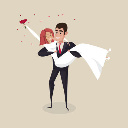 The groom carries the bride with wedding bouquet. Vector illustrationのイラスト素材