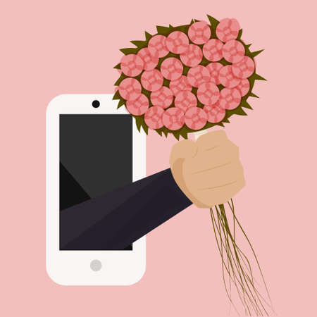 A bouquet of wild flowers with a hand from the phone. Holiday greetings. Vector illustrationのイラスト素材