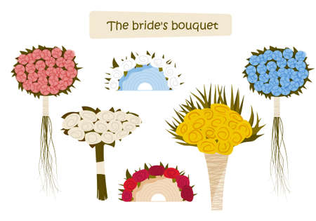 Collection of wedding Bridal bouquets for the ceremony in different styles and with different colors. Vector illustrationのイラスト素材