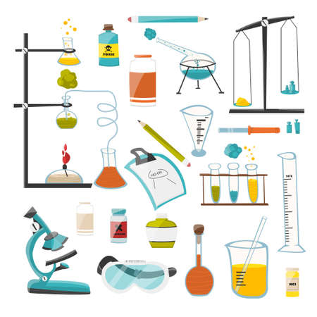 A large set of devices and equipment for chemical, scientific and research experiments. illustrationのイラスト素材