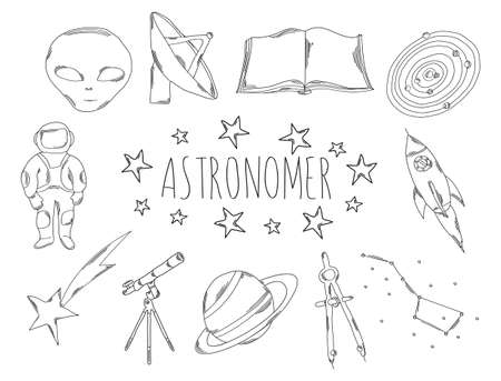 Large collection of line icons in hand drawn style for the profession of astronomer. Vector illustrationのイラスト素材
