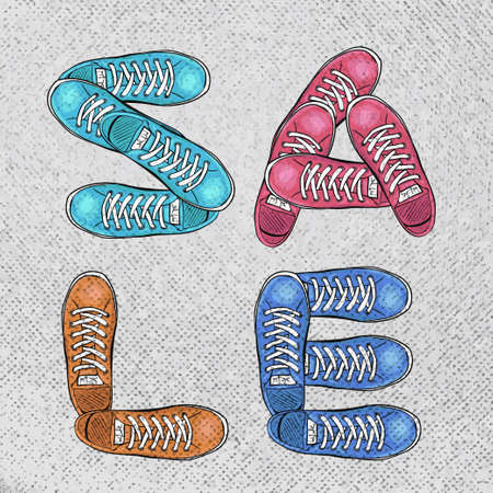 Sportingly colorful poster to advertise sports shoes. Discounts. Vector illustrationのイラスト素材