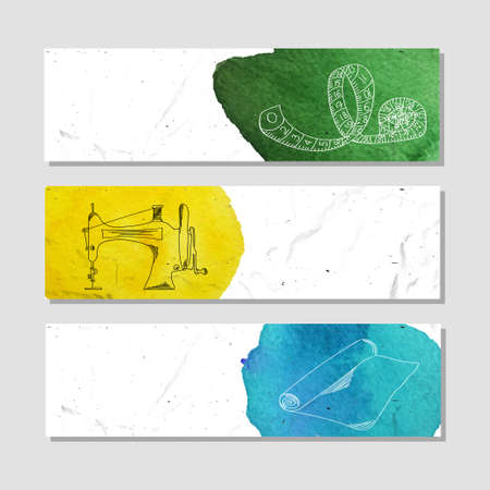 Fashion and sewing. Set of white paper banner templates horizontal business banner. Banner corporate identity, website, banner design. Hand drawn layout background. Vector illustrationのイラスト素材