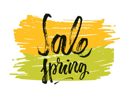 Spring discounts. Spring is a time language drawing on yellow-green background. Vector illustrationのイラスト素材
