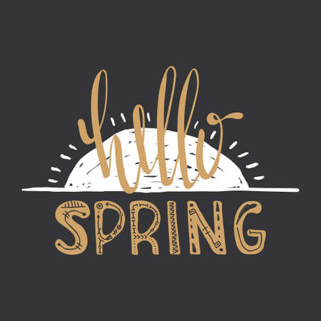 Hello spring. Text to create a banner, poster, flyer design for promotions. Vector illustrationのイラスト素材