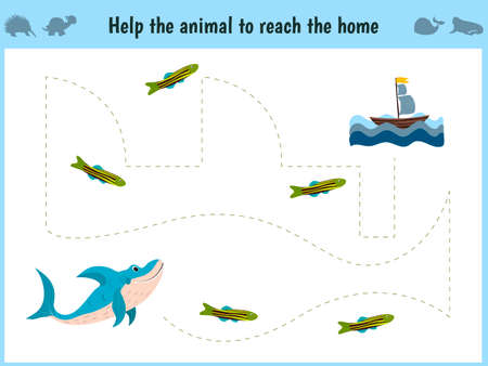 Maze game. Educational children cartoon game for children of preschool age. Help to find the way home in the sea the shark and feed her fish. Vector illustrationのイラスト素材