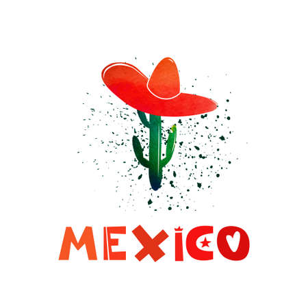 Mexico. Watercolor cactus in a sombrero. Cute cartoon lettering. Flat illustration isolate on white background. Print for the Mexican holiday and celebration of festivals. Vector illustrationのイラスト素材