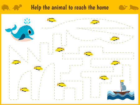 Maze game. Educational children cartoon game for children of preschool age. Help to find the way home in the sea the whale and feed him fish. Vector illustrationのイラスト素材
